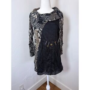 Zoe Mixed Media Tunic Top Paisley Mesh Cowl Neck Black Boho Patchwork Medium